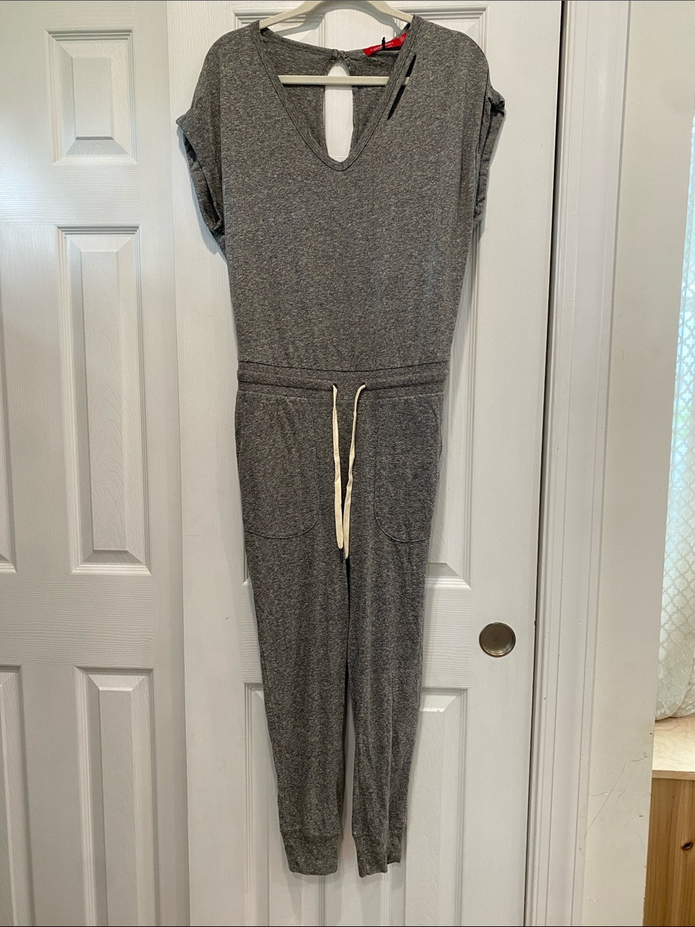 Casual Heather Gray Knit Drawstring Jumpsuit